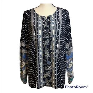 Style & Co Boho Retreat Tile Whirl Blouse Black Blue White OX